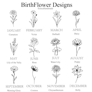 May include: Black and white line art illustrations of birth flowers for each month of the year. The months are labeled with their corresponding flowers, including Carnation, Violet, Daffodil, Daisy, Lily of the Valley, Rose, Water Lily, Poppy, Morning Glory, Cosmos, Chrysanthemum, and Holly.