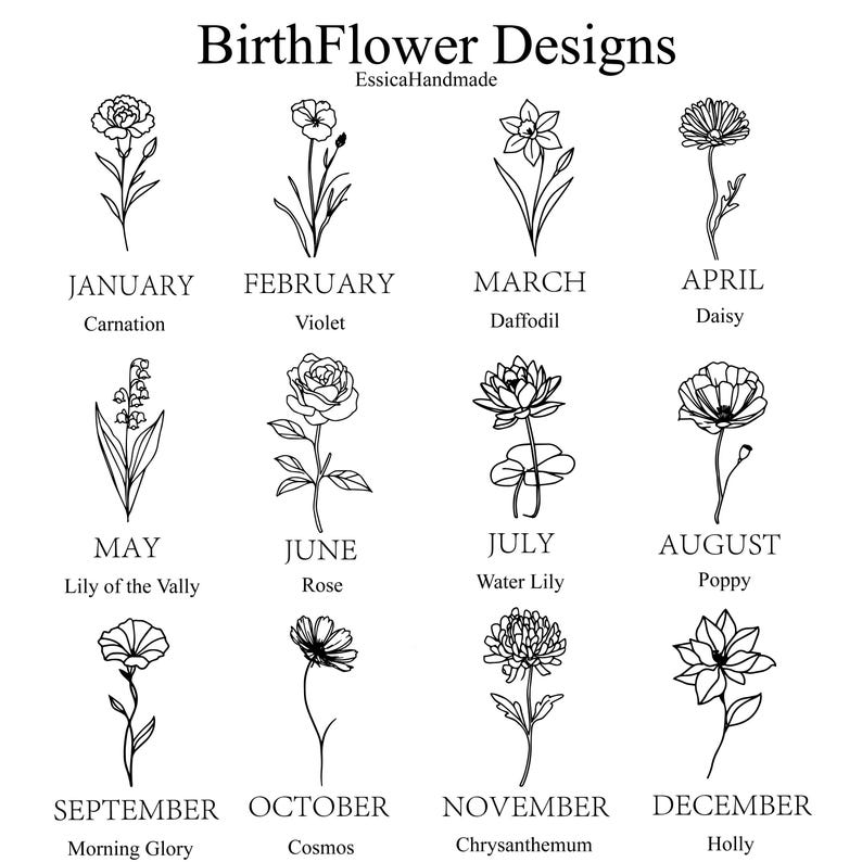 May include: Black and white line art illustrations of birth flowers for each month of the year. The months are labeled with their corresponding flowers, including Carnation, Violet, Daffodil, Daisy, Lily of the Valley, Rose, Water Lily, Poppy, Morning Glory, Cosmos, Chrysanthemum, and Holly.