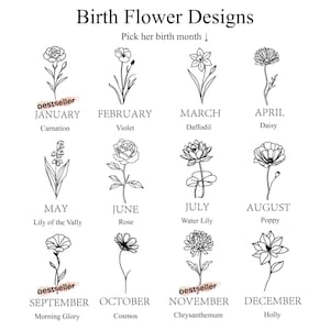 以下が含まれることがあります： 誕生月の花をそれぞれ表す12個の花の線画が描かれた白いグラフィック。上部には「Birth Flower Designs」と「Pick her birth month」の文字。各花には月と名前がラベル付けされています。