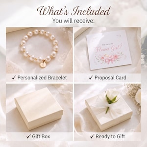 May include: A set including a white pearl bead bracelet with a gold-toned initial charm, a square proposal card with the text Will you be my Flower Girl?, a plain white gift box, and a white gift box decorated with a white ribbon and a white rose.