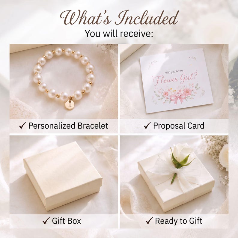 May include: A set including a white pearl bead bracelet with a gold-toned initial charm, a square proposal card with the text Will you be my Flower Girl?, a plain white gift box, and a white gift box decorated with a white ribbon and a white rose.