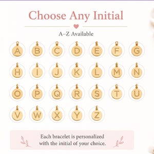 May include: A collection of gold-toned circular charms, each featuring a single embossed letter from A to Z. The text "Choose Any Initial" appears at the top, and the text "Each bracelet is personalized with the initial of your choice" is at the bottom.
