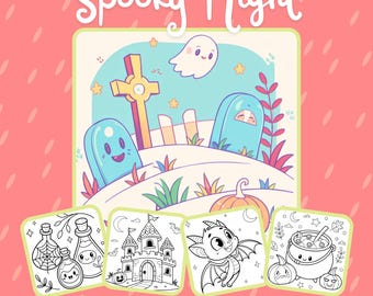 May include: A digital coloring book set titled Spooky Night featuring 10 coloring pages. The main illustration shows a cartoon graveyard with a ghost, tombstones, and a pumpkin. Four smaller black and white line art samples show potions, a castle, a dragon, and a cauldron.