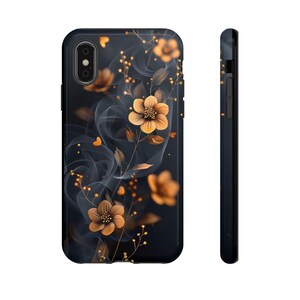 Floral Phone Case for iPhone Pixel & Samsung Elegant Gold Flowers on Dark Background Aesthetic Luxury Phone Cover Gift for Her