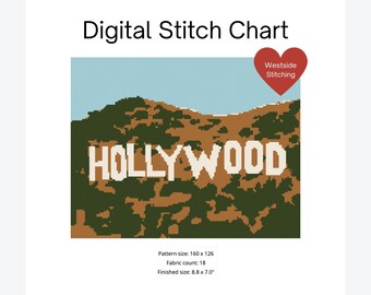 May include: A digital cross-stitch pattern of the Hollywood sign on a brown hillside with a blue sky. The pattern size is 160 x 126 stitches, the fabric count is 18, and the finished size is 8.8 x 7.0 inches.