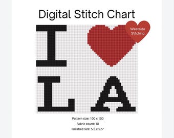 May include: A digital cross stitch pattern for a design that says "I love LA" with a red heart in place of the "O". The pattern is 100 stitches wide and 100 stitches tall. The finished size is 5.5 inches by 5.5 inches.