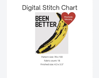 May include: A digital cross-stitch pattern featuring a yellow banana with black outlines and the text "BEEN BETTER". The pattern is 78 stitches wide by 100 stitches tall and uses 18 colors. The finished size is 4.3 inches by 5.5 inches.
