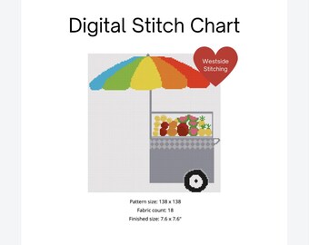May include: A cross-stitch pattern of a fruit stand with a rainbow umbrella. The pattern is 138 stitches wide and 138 stitches tall. The finished size is 7.6 inches by 7.6 inches. Westside Stitching.