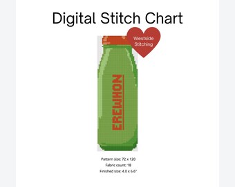 May include: Green glass bottle with a red lid and the word "EREWHON" printed on the label. The bottle is 72 stitches wide and 120 stitches tall, and the finished size is 4 inches by 6.6 inches.