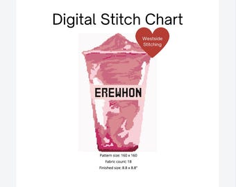 May include: A digital cross-stitch pattern of a pink iced coffee drink in a clear cup with the text "EREWHON" on the side. The pattern is 160 x 160 stitches and uses 18 colors. The finished size is 8.8 inches by 8.8 inches.