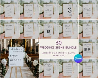 Minimalist Wedding Sign Bundle – 30 Editable Canva Templates, Modern Wedding Reception Signage Set