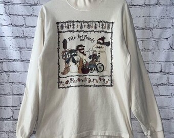 Vintage Women's Folk Art Vermont Cotton Long Sleeve Mock Turtleneck Medium FLAW