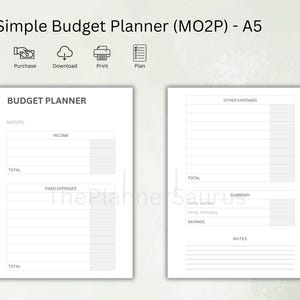 Könnte beinhalten: Doppelseitiger einfacher Budgetplaner, beschriftet mit "Simple Budget Planner (MO2P) - A5". Die linke Seite ist für Einnahmen und Fixkosten, die rechte Seite für sonstige Ausgaben und eine Zusammenfassung. Enthält Symbole für Kauf, Download, Druck und Plan.