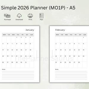 Könnte beinhalten: Ein einfacher 2026 A5-Planer mit Kalendern für Januar und Februar. Jeder Monat zeigt die Wochentage, Daten und Platz für Notizen. Der Planer enthält Symbole für Kauf, Download, Druck und Planung.