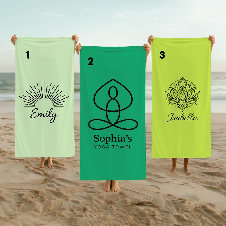 May include: Three rectangular towels in light green, medium green, and lime green. Towel 1 features a sunburst graphic and the name Emily. Towel 2 shows a yoga pose icon with the text Sophia's YOGA TOWEL. Towel 3 displays a lotus flower and the name Isabella.