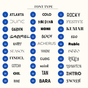 May include: A font type chart featuring thirty numbered blue circles, each corresponding to a unique black typeface sample. The list includes names like ATLANTA, DUNE, GARDEN, GABRIEL, HARRY, SEASON, FINDEL, GOTCHA, OIL, BIKE, COLO, MALDINA, KONI, BEACH, ACHERUS, YANONE, CUBIC, SAINT, TAN, BARA, ROCKY, FESTIVE, KUMAR, EDO, RUBIC, SETO, RAILEY, LOBSTER, INTRO, and SWASH.