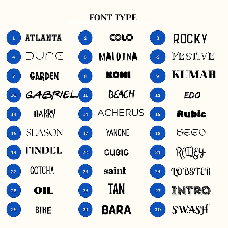 May include: A font type chart featuring thirty numbered blue circles, each corresponding to a unique black typeface sample. The list includes names like ATLANTA, DUNE, GARDEN, GABRIEL, HARRY, SEASON, FINDEL, GOTCHA, OIL, BIKE, COLO, MALDINA, KONI, BEACH, ACHERUS, YANONE, CUBIC, SAINT, TAN, BARA, ROCKY, FESTIVE, KUMAR, EDO, RUBIC, SETO, RAILEY, LOBSTER, INTRO, and SWASH.