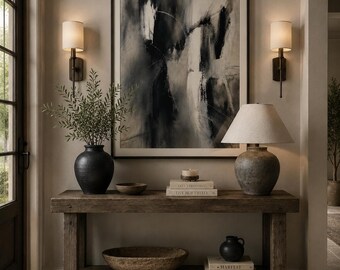 Large Neutral Abstract Wall Art Print, Black & White Minimalist Painting, Modern Charcoal Canvas, Living Room Fireplace Decor