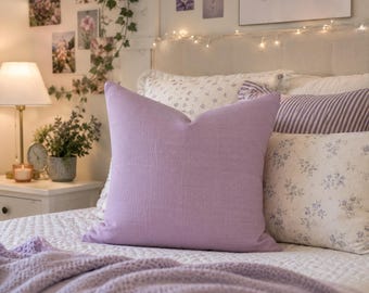 Lavender Solid Faux Linen Pillow | Pastel Square Decorative Pillow