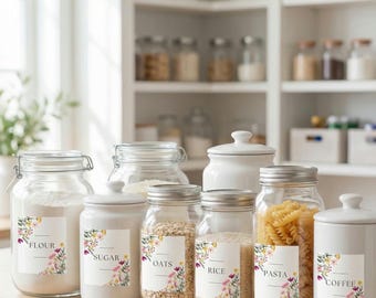Etiquetas florales discretas para despensa – Acabado suave e impermeable / Personalizables / Decoración romántica para cocinas de estilo rústico