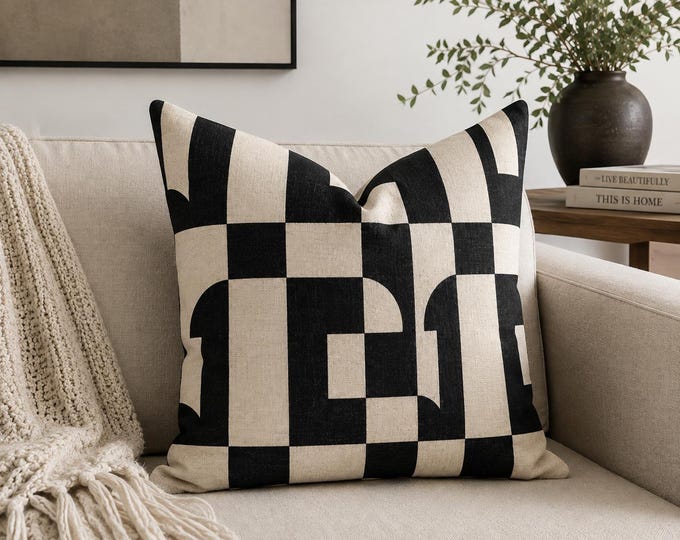 Black White Geometric Checker Pillow | Modern Minimal Decorative Throw Pillow