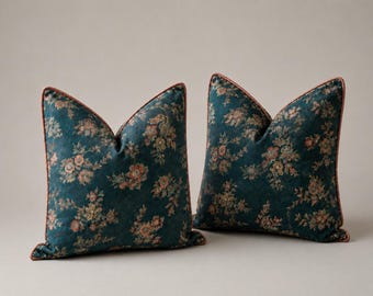 Blue Floral Pillow Cover | Dusty Rose Velvet Piping, Botanical Cotton Linen Blend, Handmade Decor