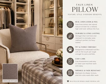 Muted Taupe Faux Linen Throw Pillow, Filled Accent Pillow, Neutral Decorative Pillow, Modern Farmhouse Cushion, Bedroom & Living Room Decor