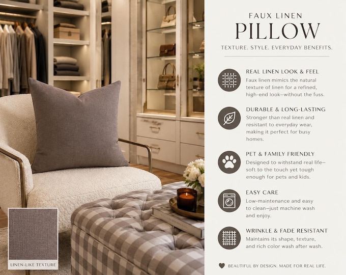 Muted Taupe Faux Linen Throw Pillow, Filled Accent Pillow, Neutral Decorative Pillow, Modern Farmhouse Cushion, Bedroom & Living Room Decor