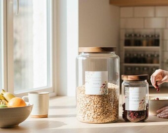 Etiquetas florales discretas para la despensa – Organización de cocina impermeable