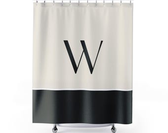 Personalized Monogram Shower Curtain | Color Block Off White Black Bathroom Decor