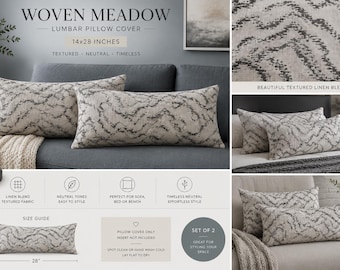 Woven Meadow Lumbar Pillow Cover | 14x28 Neutral Textured Linen Pillow | Gray/ Cream Decorative Pillow | Sofa & Bed Decor