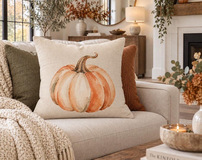 Watercolor Pumpkin Faux Linen Pillow | Autumn Fall Home Decor