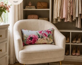 English Garden Floral Lumbar Pillow Cover | Pink Peony Cottagecore Accent Cushion