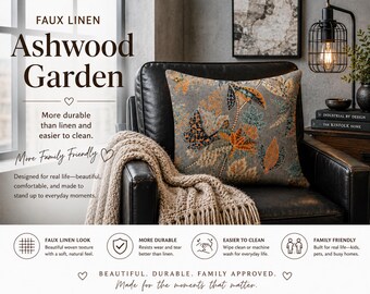 Ashwood Garden Faux Linen Throw Pillow | Includes Polyfill Insert | Botanical Floral Cushion | Farmhouse Decor | Gray Accent Pillow