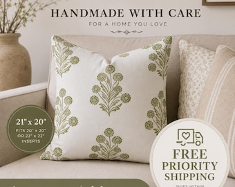 Olive Meadow Botanical Pillow Cover | Green Floral Cotton Throw Cushion (21" x 20")
