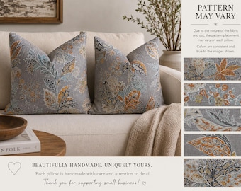 Ashwood Garden Linen Pillow Cover | Botanical Gray Throw Cushion | Neutral Blue Rust Home Decor