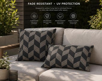 Neutral Herringbone Chevron Outdoor Pillows | charcoal Cream Geometric Cushion