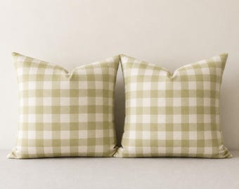 Willow Check Faux Linen Throw Pillow Cover | Sage Green Gingham Farmhouse Cushion Cover | Cottagecore Neutral Home Decor | 18x18