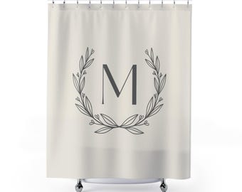 Personalized Botanical Wreath Monogram Shower Curtain | Modern Farmhouse Bath Decor