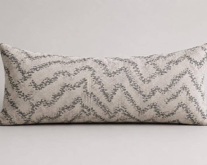 Woven Meadow Lumbar Pillow Cover | 14x28 Neutral Textured Linen Pillow | Gray/ Cream Decorative Pillow | Sofa & Bed Decor