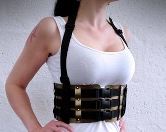 Sexy Leather Chest Harness - Black and Gold Costume - Leather & Nylon Mix - Big Savings