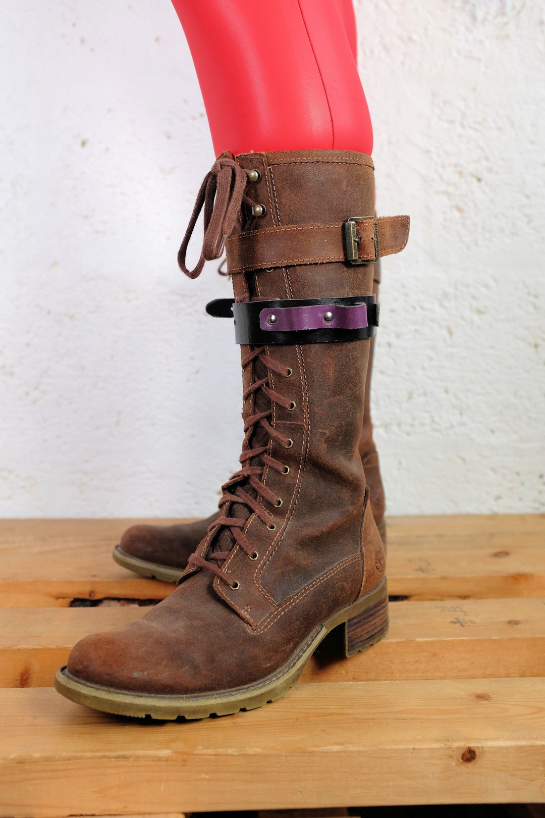 Real Leather Black/purple Boot Strap Garter With 2 Bullet Etsy