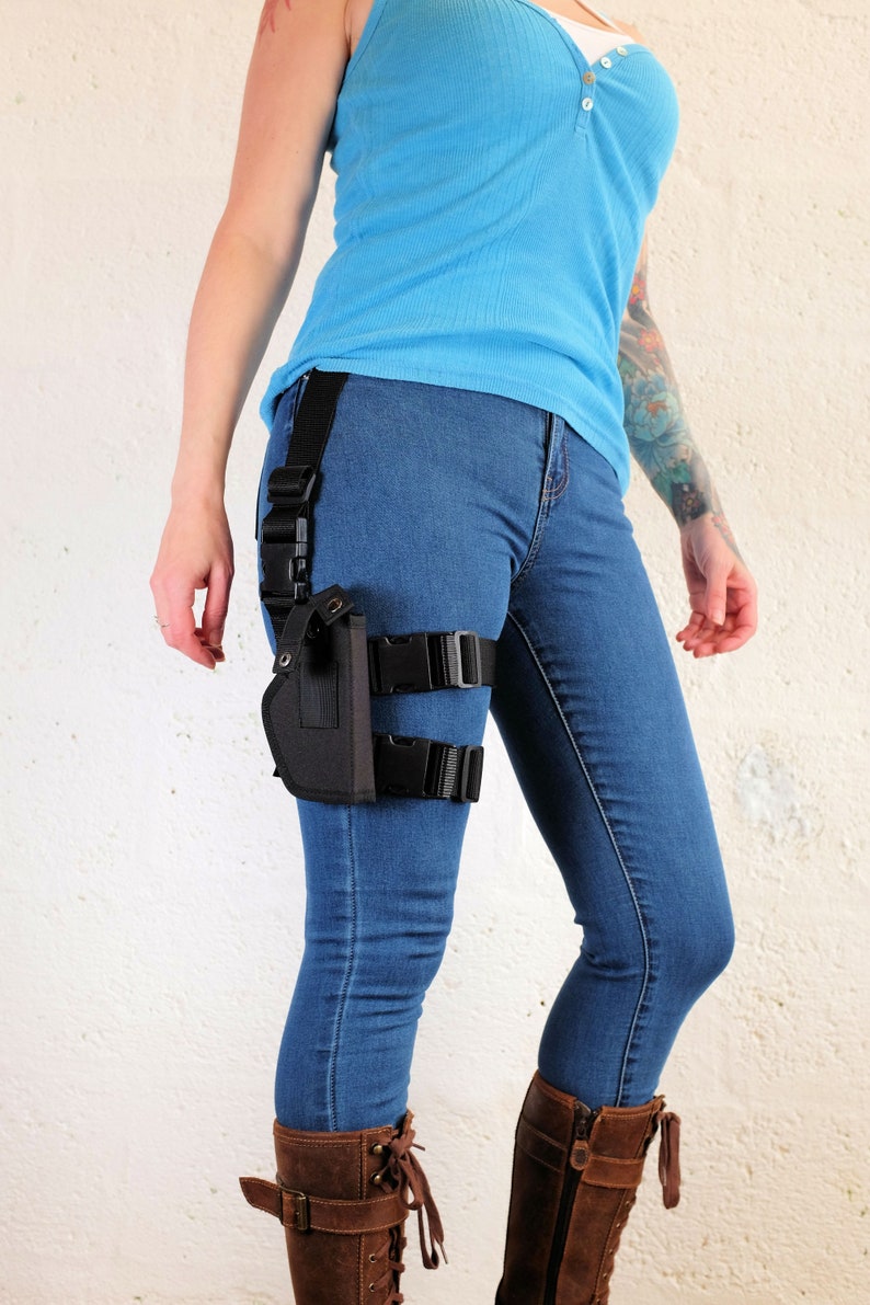 Side view of a woman wearing a Jill Valentine thigh holster by Vontoon made from durable polypropylene and strong plastic buckles