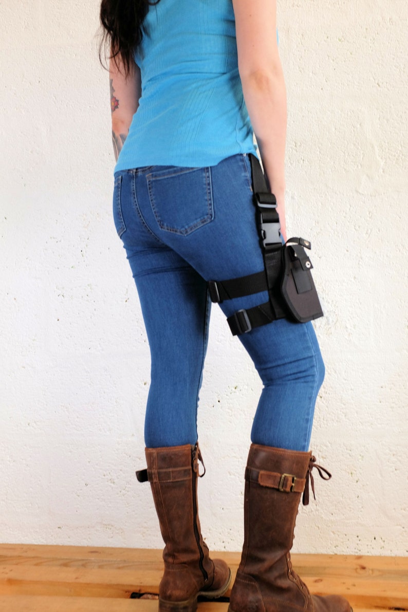 Back view of a woman wearing a Jill Valentine thigh holster by Vontoon made from durable polypropylene and strong plastic buckles