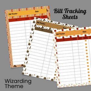 Op de afbeelding: Drie factuurvolgbladen met een tovenaars thema. De vellen hebben een witte achtergrond met lijnen voor het volgen van facturen. De bovenkant van elk vel heeft een andere kleur, met de woorden "Bill Tracker" en "Date:" erop gedrukt. De woorden "Wizarding Theme" en "Bill Tracking Sheets" zijn ook zichtbaar.