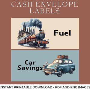 May include: Cash envelope labels with illustrations. One label features a train with a castle, labeled "Fuel." The other shows a vintage blue car, labeled "Car Savings."