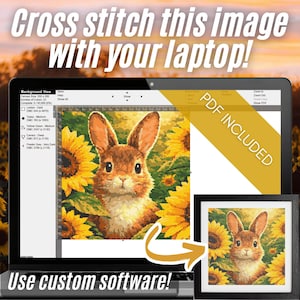 May include: A digital cross-stitch pattern displayed on a laptop screen, featuring a brown rabbit in a field of yellow sunflowers. The image includes the text "Cross stitch this image with your laptop!" and "PDF Included."
