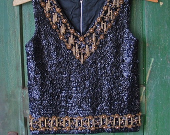 Top 1960's Black Sequined Gold Beaded Fringed Mad Men Shell size M