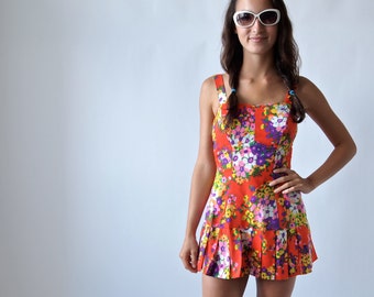 Vintage Bright Neon Colors Muriel Floral Skirted Swimsuit Playsuit Romper Dress 1970's Cotton