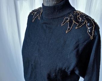 Sweater 80's does 40's Saks Fifth Avenue Black Wool Belted Sequin Beaded Shoulders size S/M